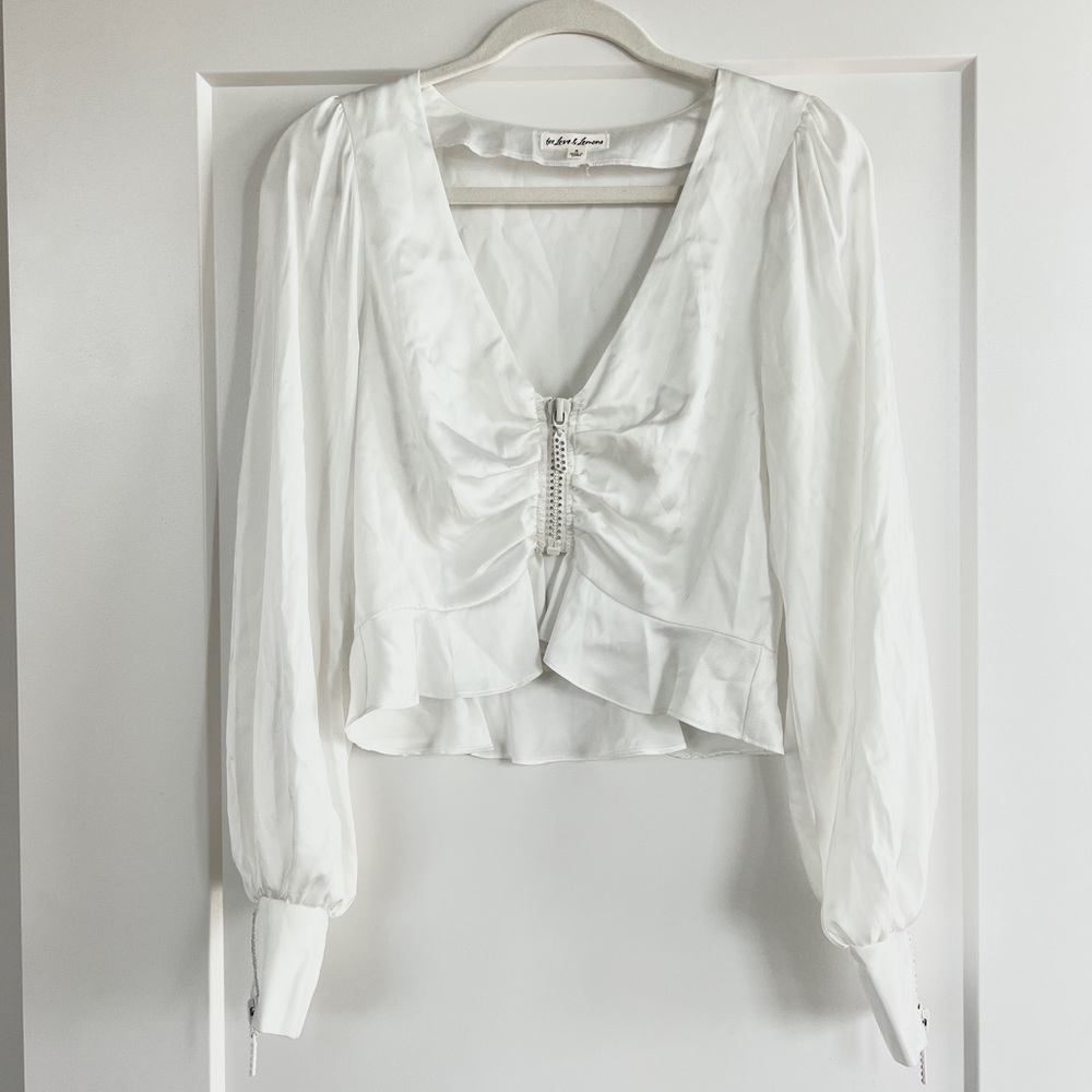 For Love & Lemons Silky Long Sleeve top with rhinestone zip ✨